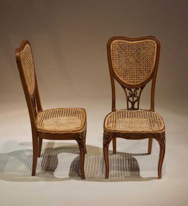 Carved Antique Nouveau Chairs, Rattan and Teak