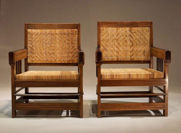 Club Chairs, Early 20th C. Teak and Rattan